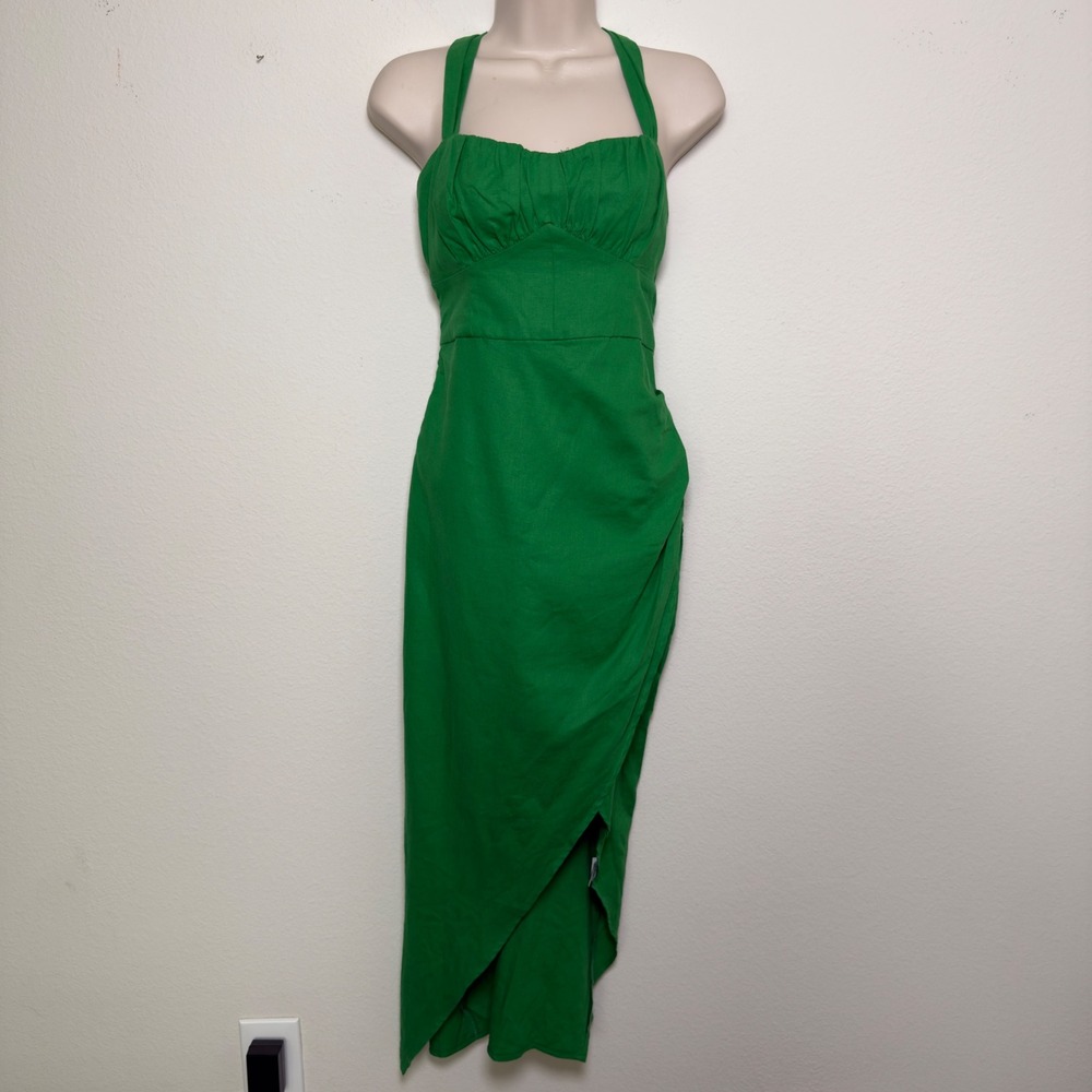 Zara Women Linen Milkmaid Midi Dress Small Green Ruched Slit Halter Wedding